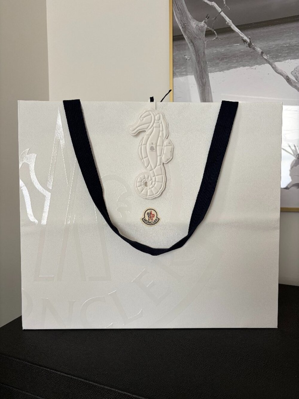 Moncler Shopping Gift Bag — White Embossed Logo, Navy Handle, Lg 19x16"x6.5D"